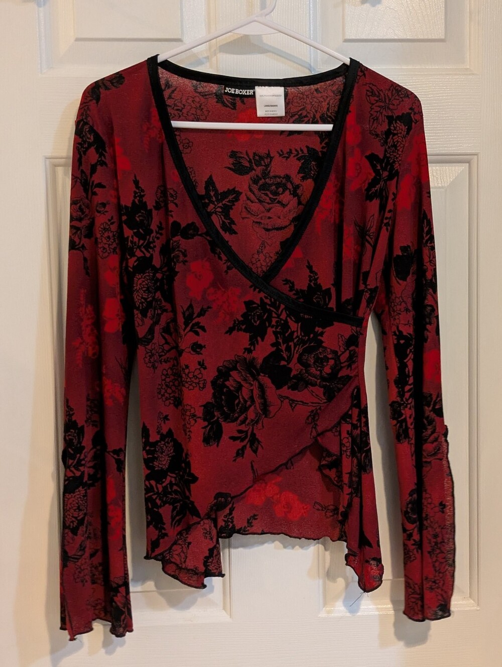 Joe Boxer Red Floral Wrap-Style Long Sleeve Top